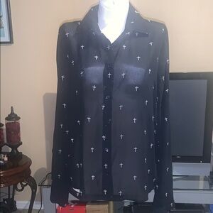 Black Sheer Button-Up Blouse with Cross Pattern